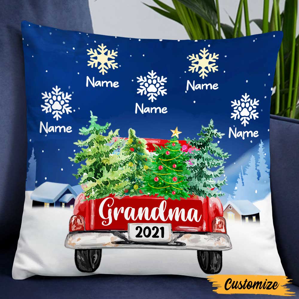 Personalized Gift for Grandma, Custom Mimi Nana Gigi And Kid names, Christmas Truck Grandma Little Snowflake Pillow