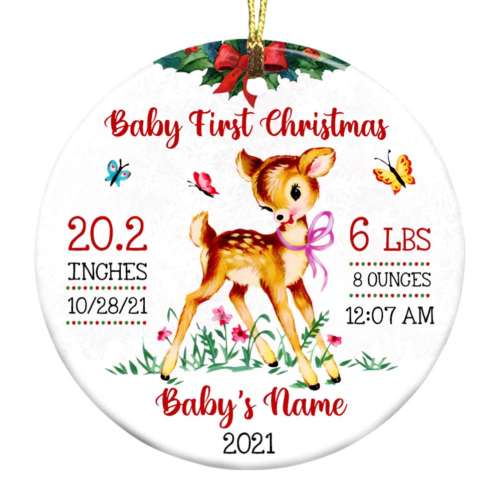 Personalized Baby’s First Christmas Boy Girl Newborn Deer, Deer Vintage Baby First Christmas Circle Ornament - Thegiftio UK