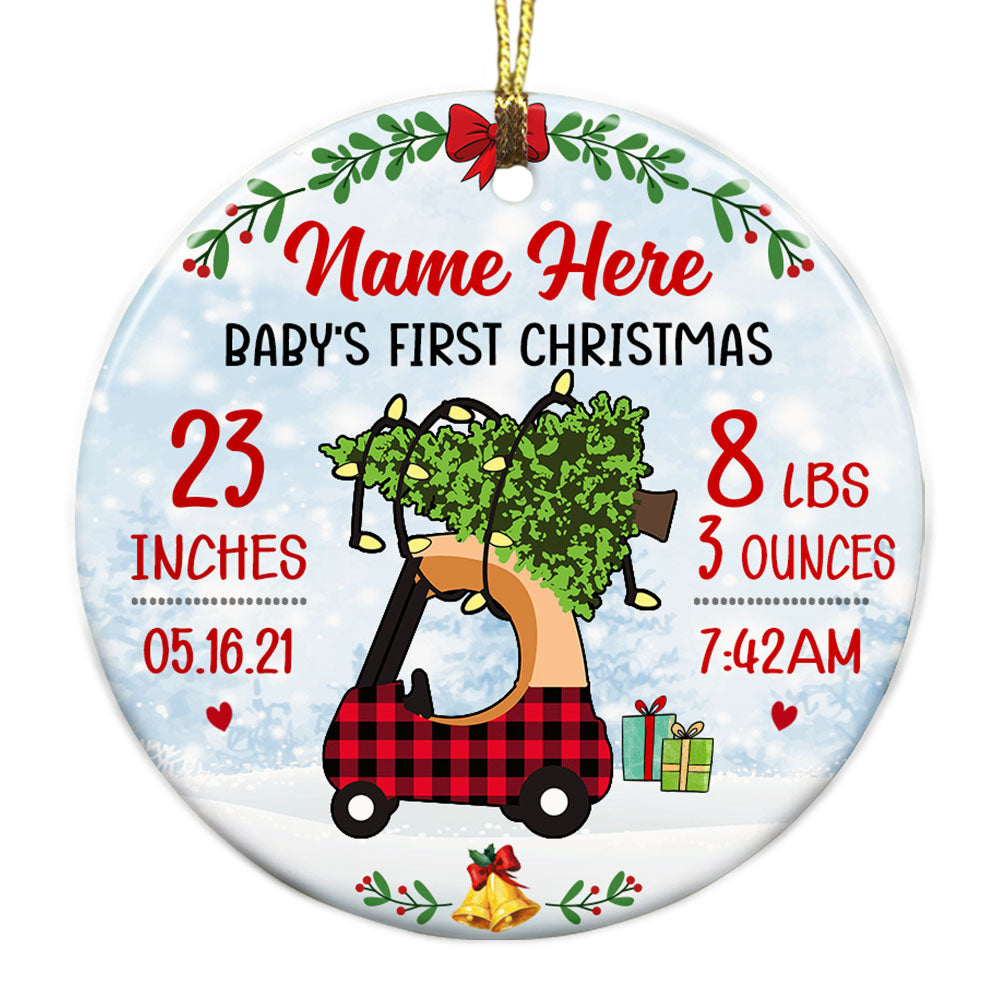 Personalized  Baby's First Christmas Gift, Toy Car with Christmas Tree, Toy Car Baby First Christmas Circle Ornament