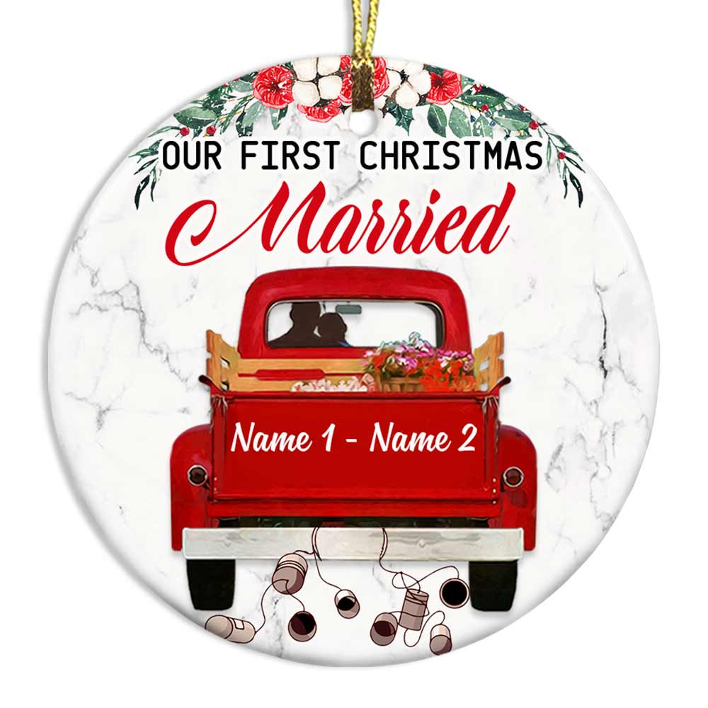 Personalized Couple Christmas Husband Wife Engaged Married Circle Ornament