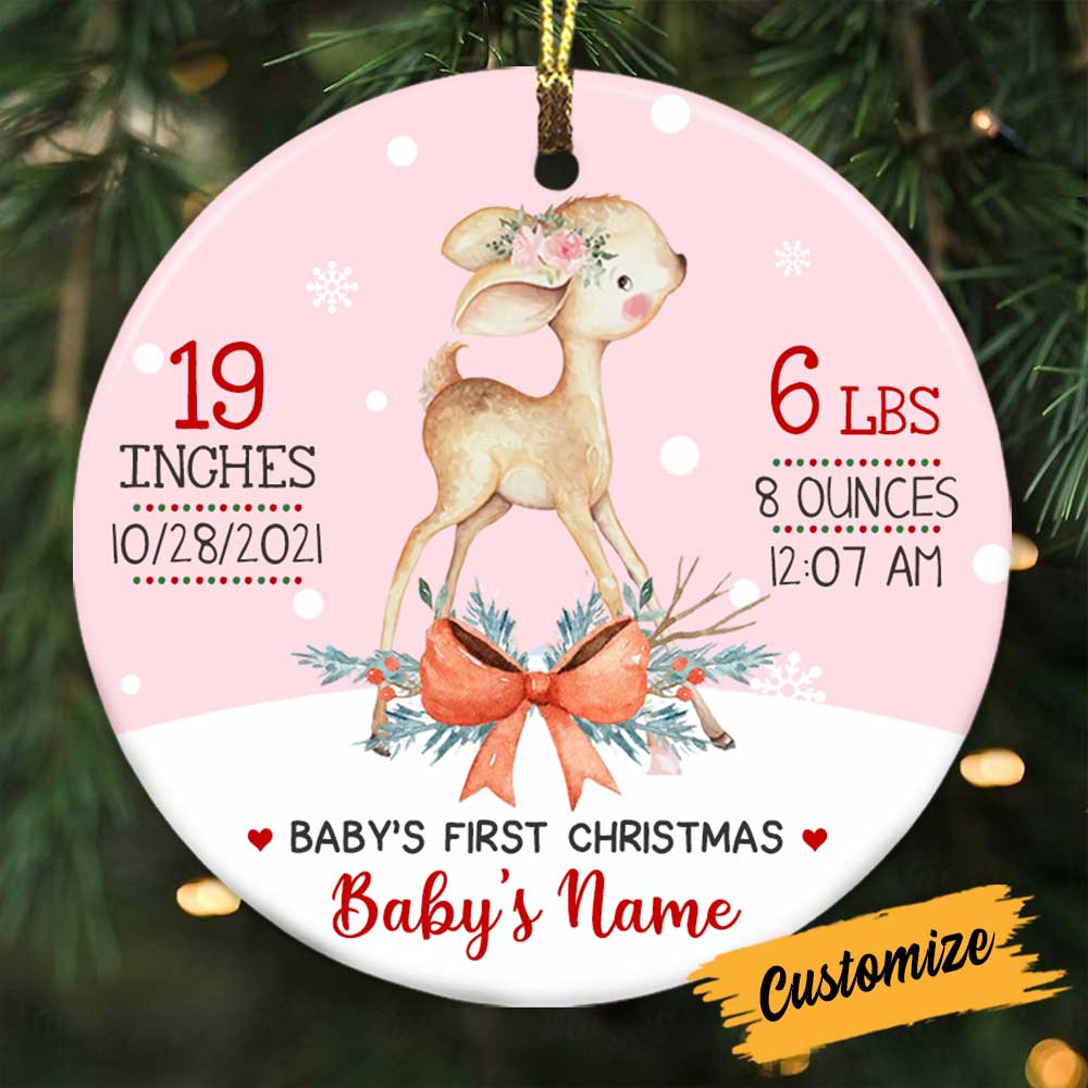 Personalized New Baby Ornament, Baby Shower Gift, Baby First Christmas Deer Circle Ornament