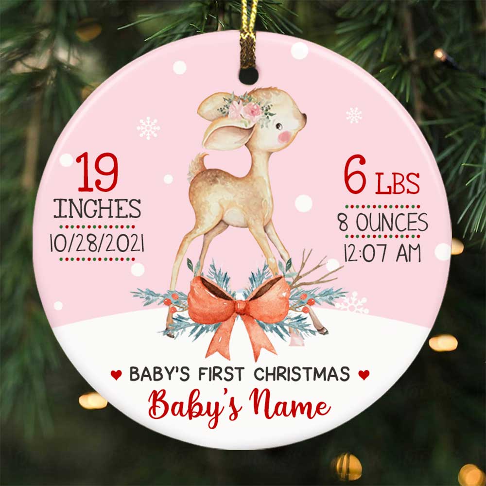 Personalized New Baby Ornament, Baby Shower Gift, Baby First Christmas Deer Circle Ornament