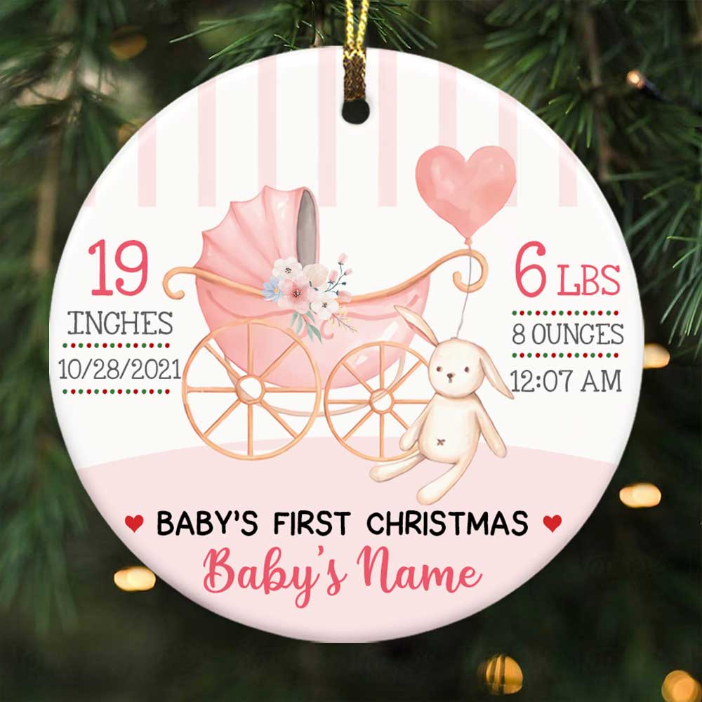 Personalized New Baby Ornament, Baby Shower Gift, Baby First Christmas Rabbit Circle Ornament