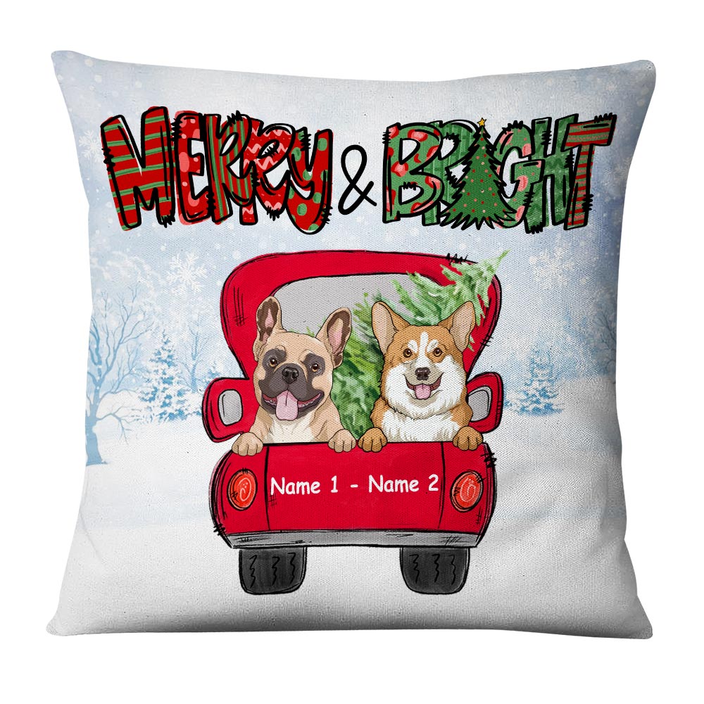 Personalized Christmas Dog Gifts. Dog On Red Truck Merry And Bright Pillow - Thegiftio UK
