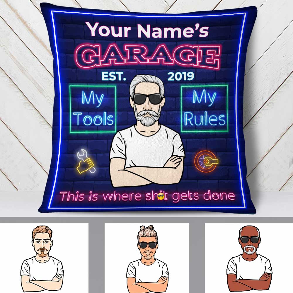 Personalized Grandpa Dad Garage Man Cave Pillow