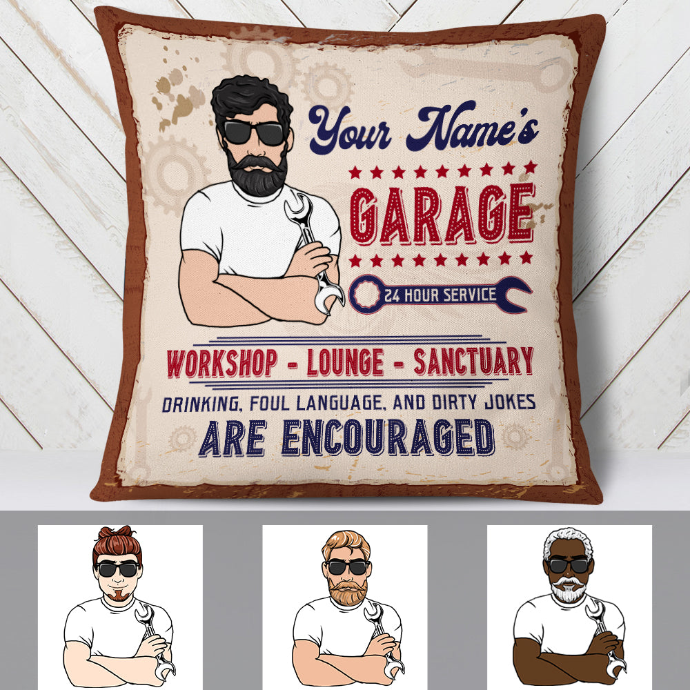 Personalized Fathers Day Gift, Garage Workshop Pillow