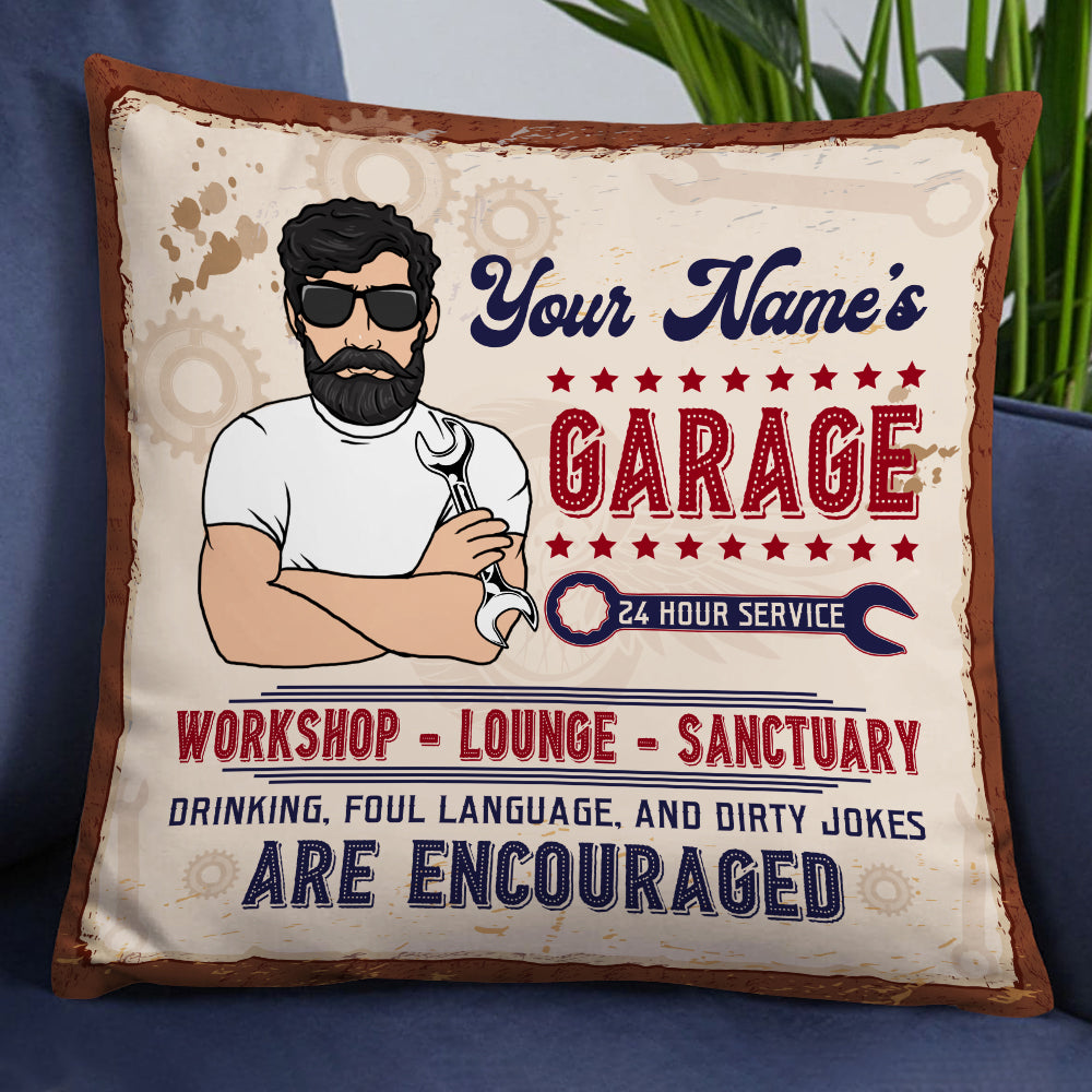 Personalized Fathers Day Gift, Garage Workshop Pillow