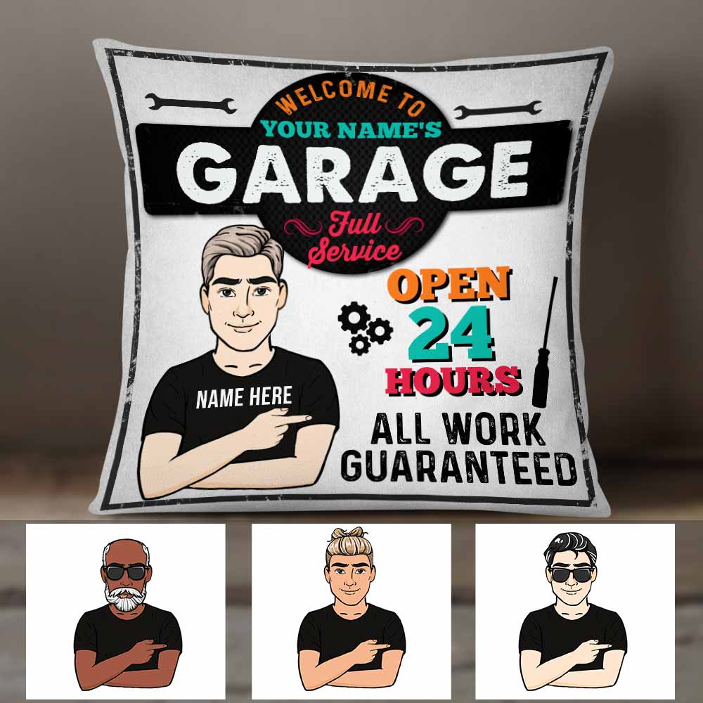 Personalized Fathers Day Gift, Mens Funny Garage Pillow