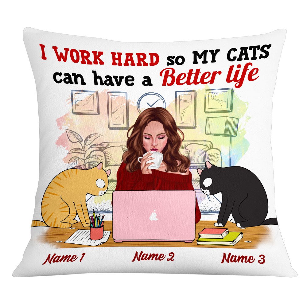 Personalized Funny Cat Owner, Cat Mom I Work Hard Pillow - Thegiftio UK