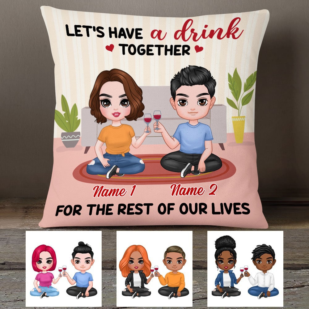 Personalized Gift For Couple, Drinking Couple, Couple Chibi Drink Together Pillow