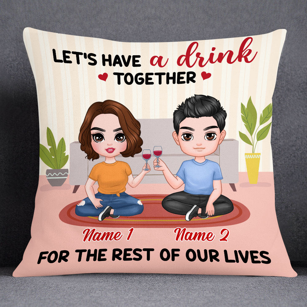 Personalized Gift For Couple, Drinking Couple, Couple Chibi Drink Together Pillow