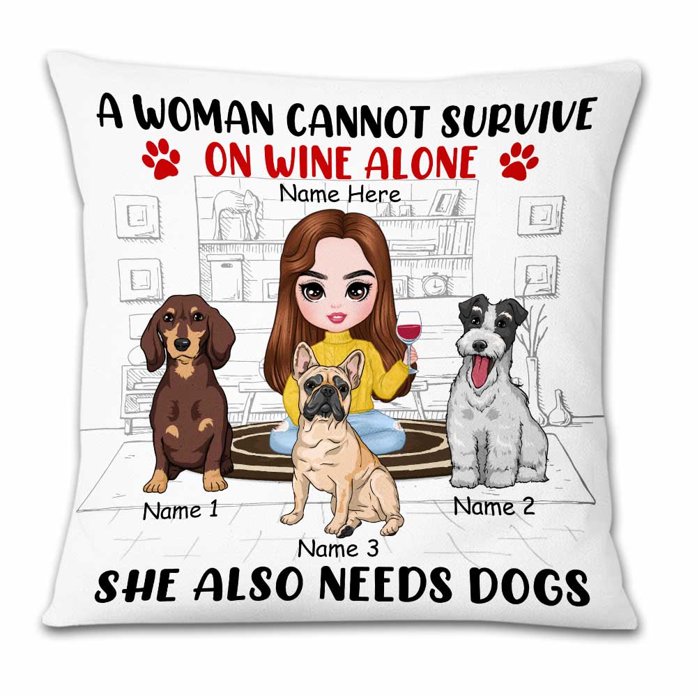 Personalized Dog Mom Gifts, A Woman Can't Survive on Wine Alone Pillow - Thegiftio UK
