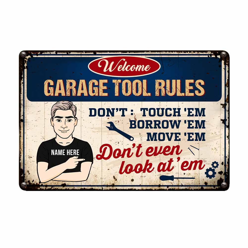 Personalized Dad Grandpa Garage Tool Rules Metal Sign - Thegiftio UK