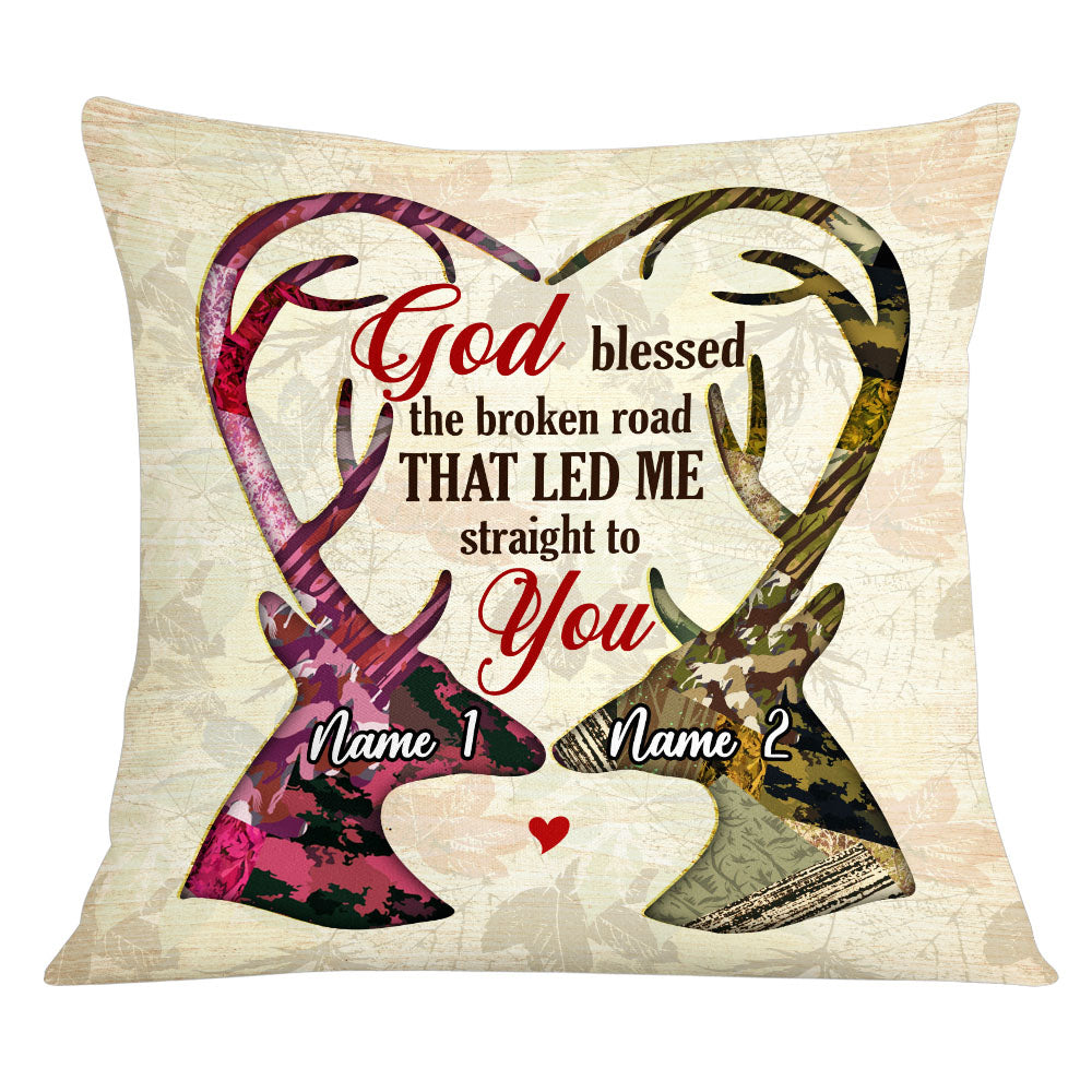 Personalized Anniversary Wedding Gifts For Couple, Pillow Hunting Deer Bless The Broken Road, Gifts For Her Him Wife Husband