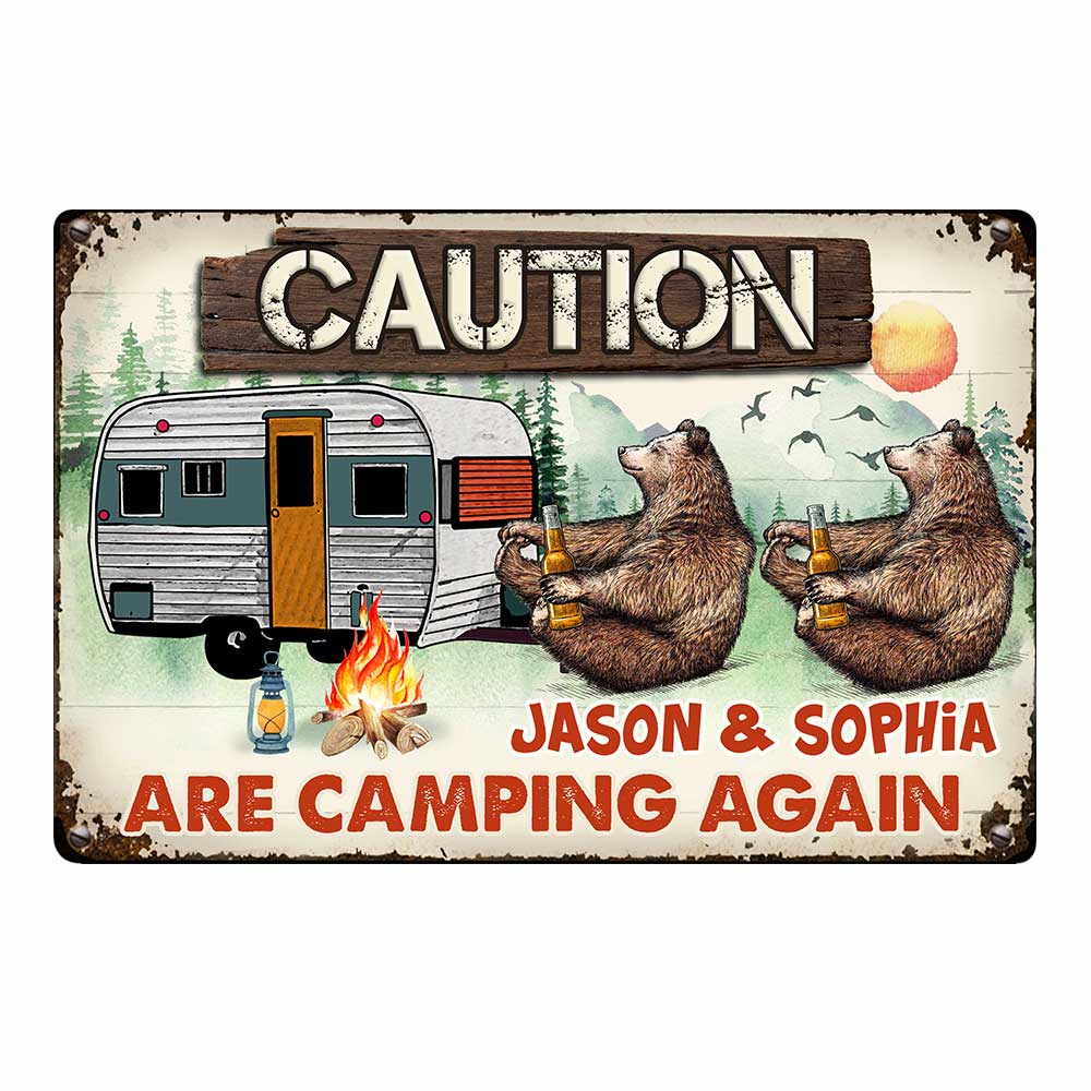 Personalized Camping Again Bear Couple Metal Sign - Thegiftio UK