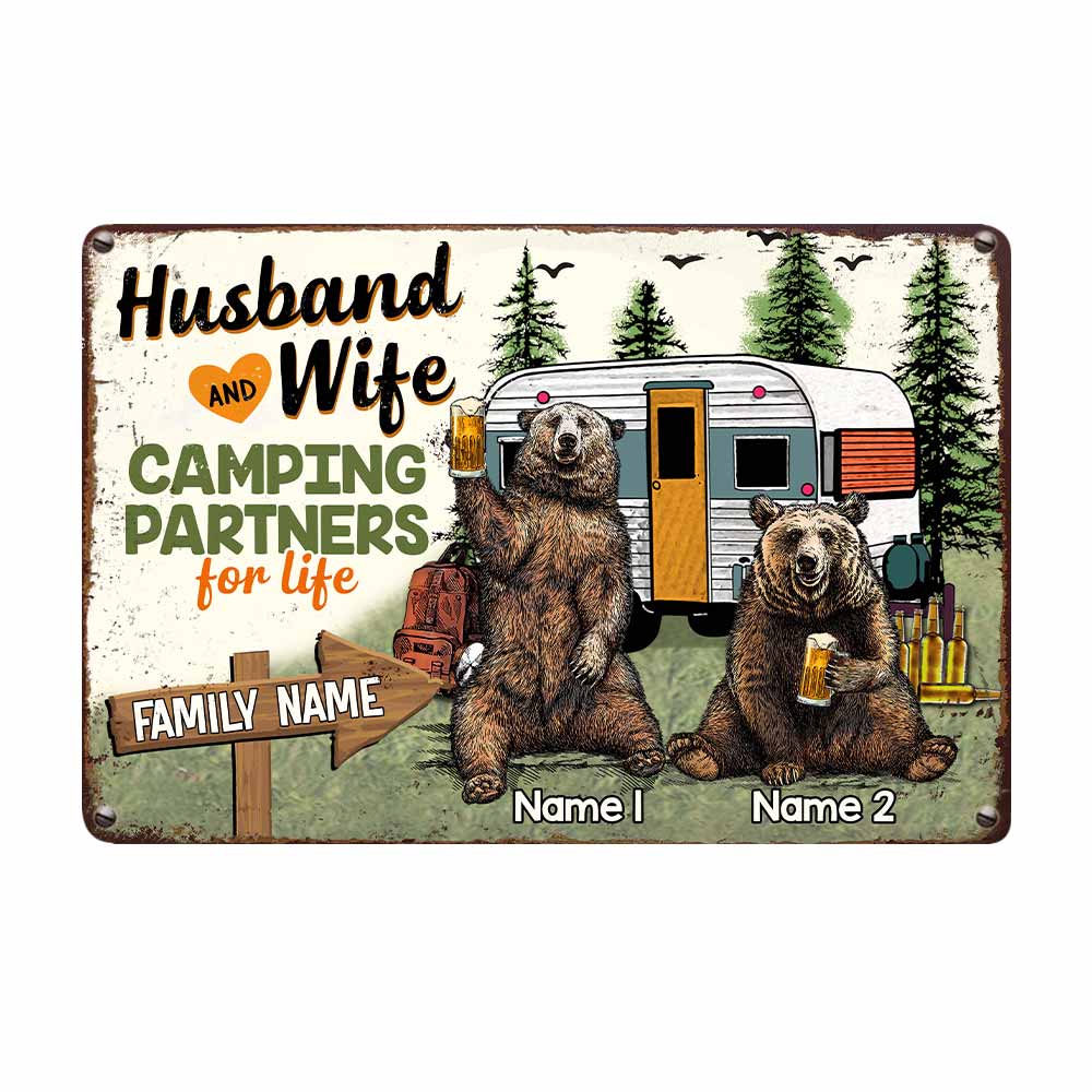 Personalized Couple Bear Husband Wife Camping Metal Sign - Thegiftio UK