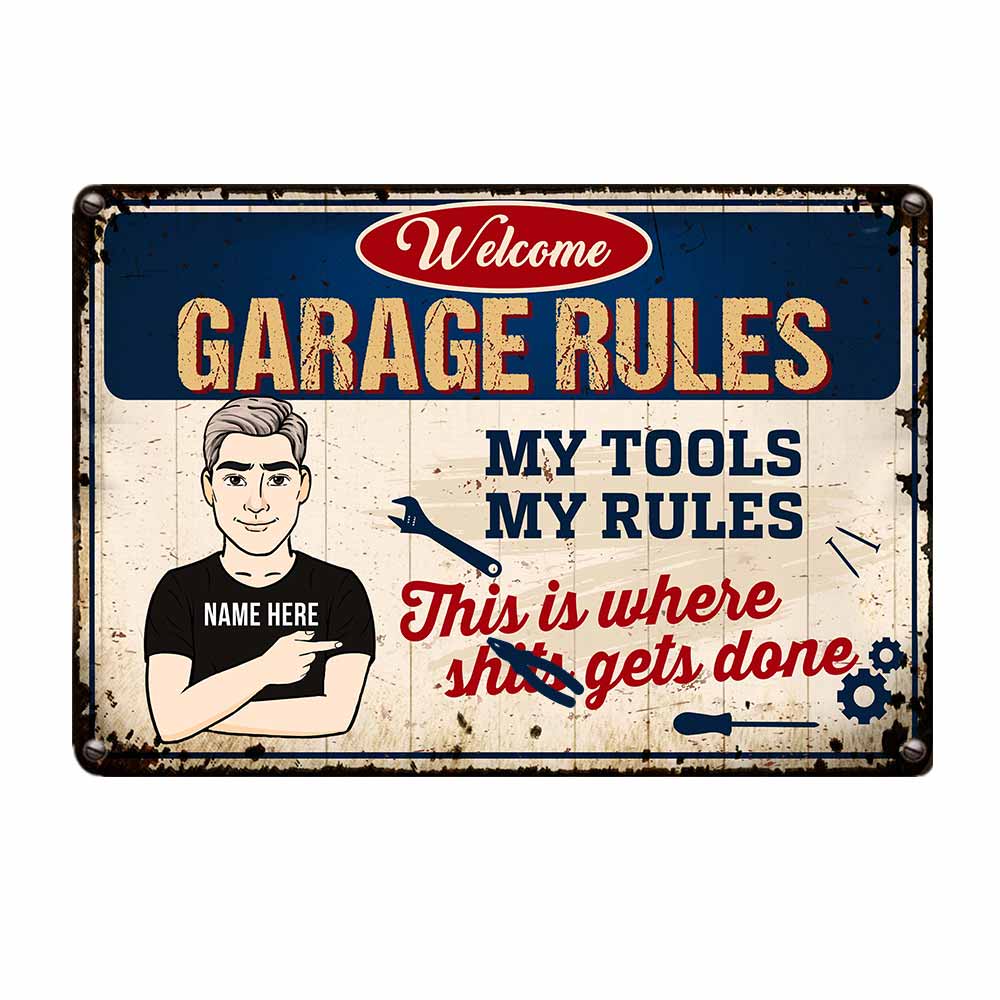 Personalized Dad Grandpa Garage Tool Rules Metal Sign - Thegiftio UK