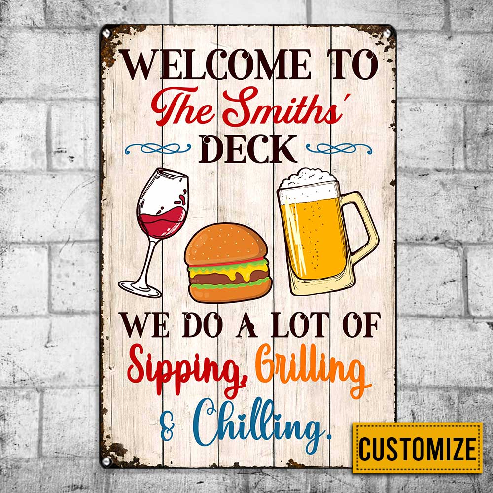 Personalized  Deck Gardening Sipping Grilling Chilling Metal Sign
