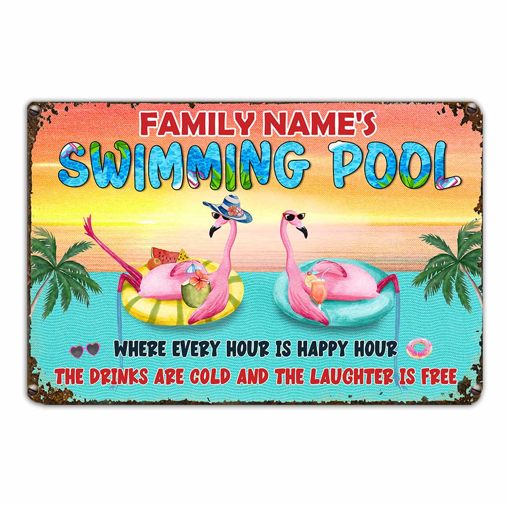 Personalized Swimming Pool, Outdoor Pool Gifts, Flamingo Family Pool Metal Sign