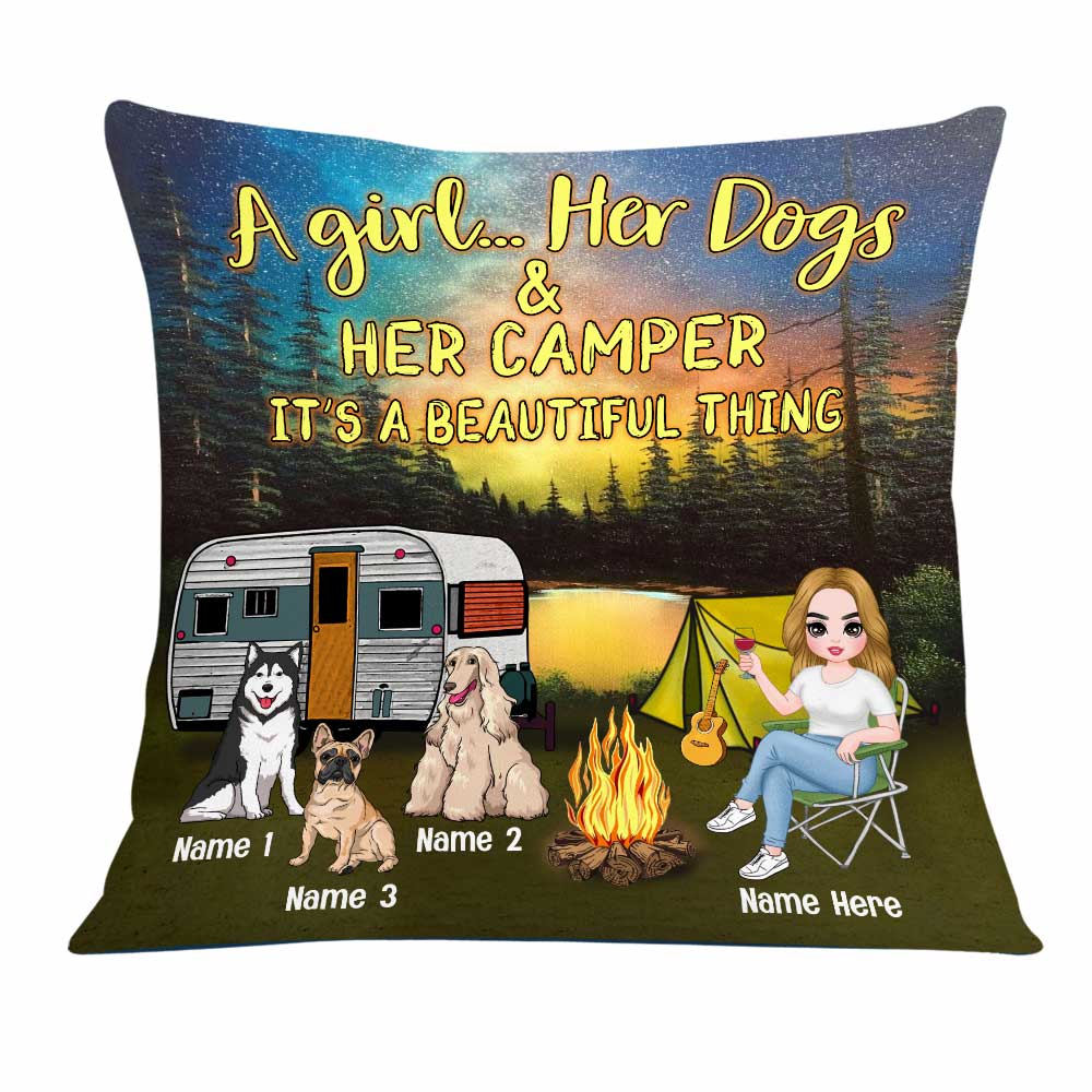 Personalized Love Camping Girl And Dog Pillow - Thegiftio UK