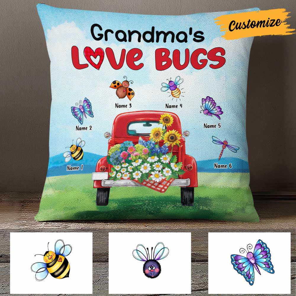Personalized Mom Grandma Grandkids Gift, Mothers Day, Grandmas Love Bugs Pillow