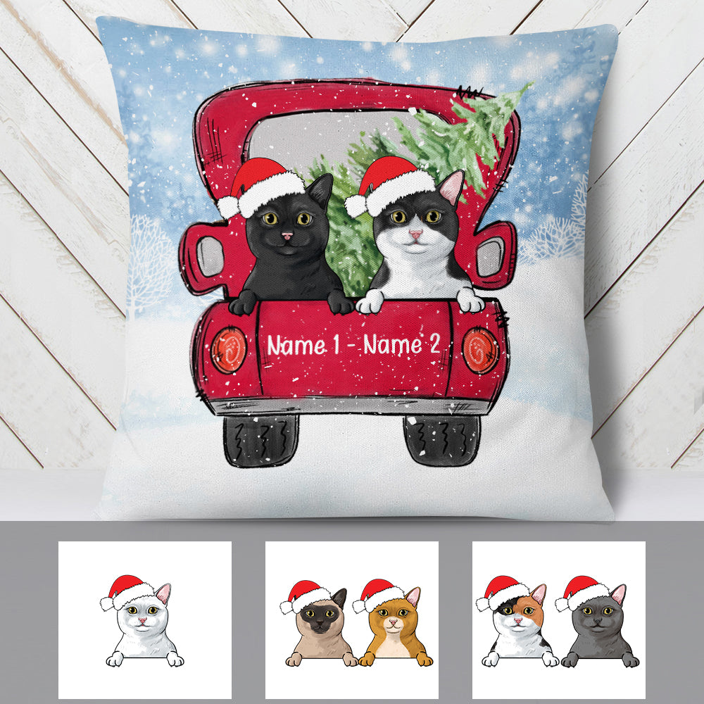 Personalized Gift For Cat Lover, Cat Christmas On Red Truck Pillow - Thegiftio UK