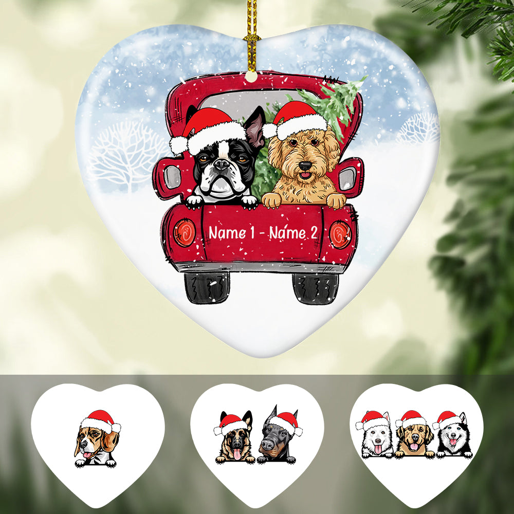 Personalized Christmas Gift For Dog Lovers, Dogs In Red Truck Christmas Full Heart Ornament