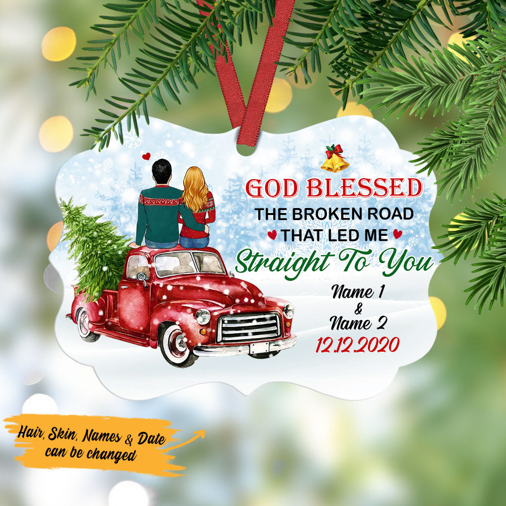 Personalized Christmas Couple Gifts, Red Truck Couple Christmas Benelux Ornament, God Blessed The Broken Road