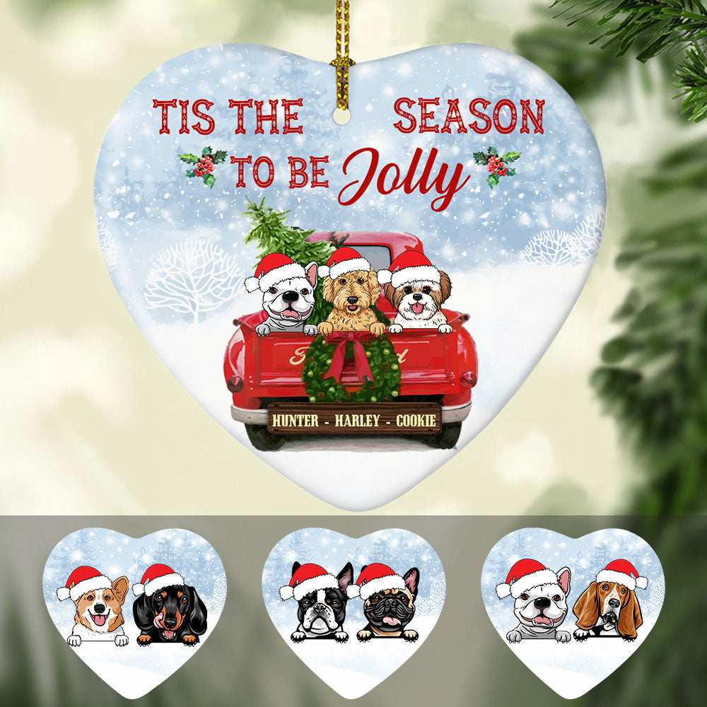 Personalized Christmas Gift For Dog Lovers, Dogs In Red Truck Jolly Christmas Heart Ornament - Thegiftio UK