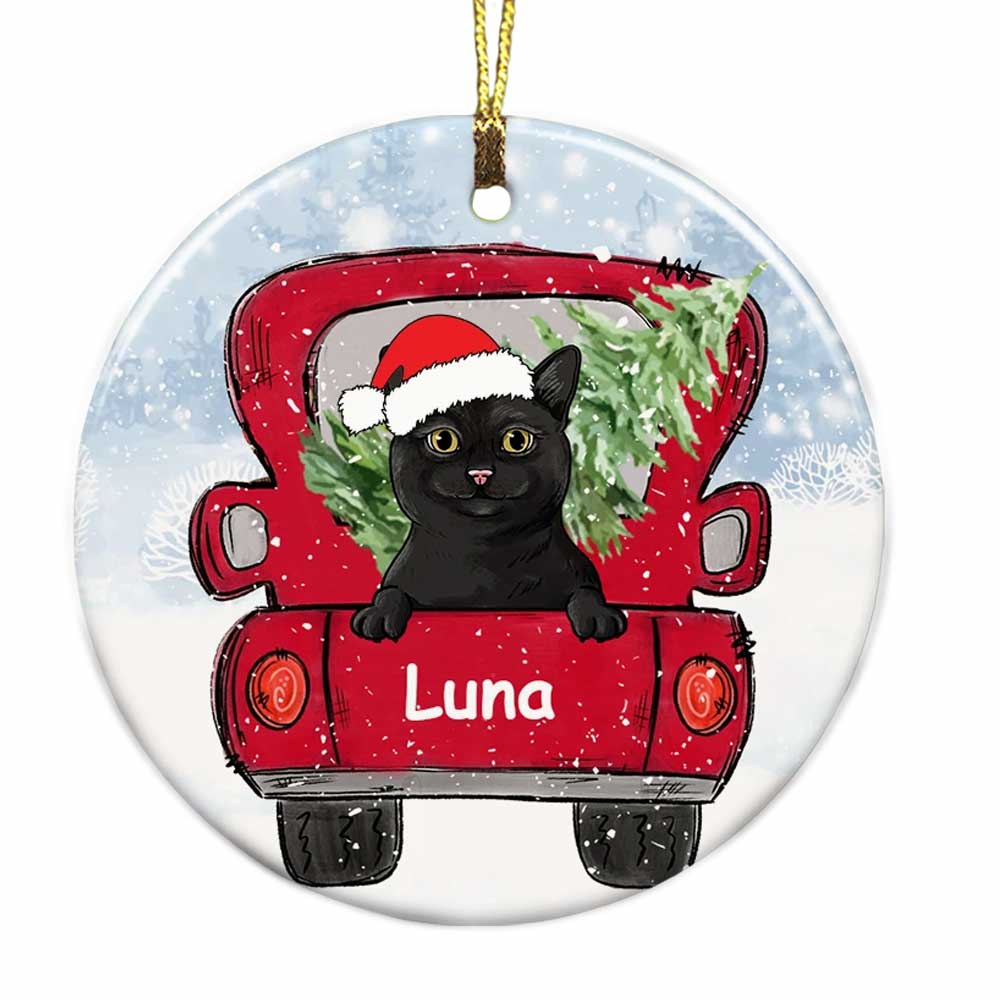 Personalized Cat Red Truck Christmas Circle Ornament