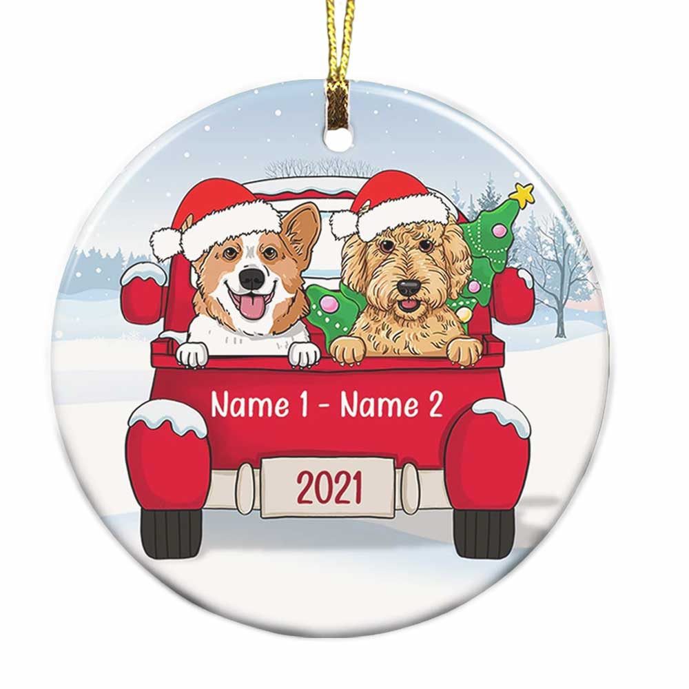 Personalized Dog Christmas Red Truck Circle Ornament