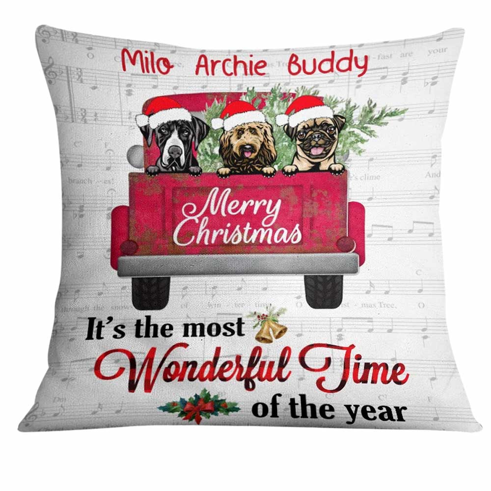 Personalized Dog Red Truck Christmas The Most Wonderful Time Pillow - Thegiftio UK