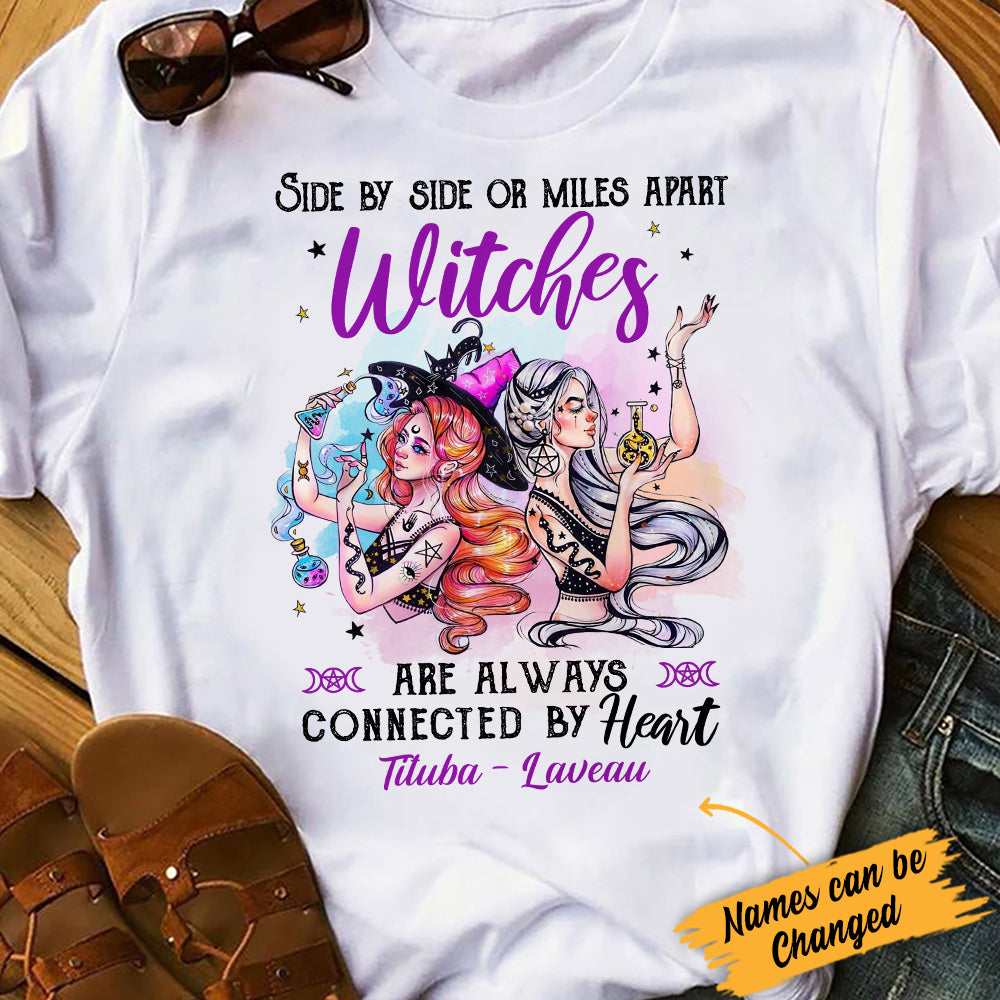 Personalized Halloween Friends Sisters, Witch Friends Connected By Heart TShirt, Bestie BFF Gift