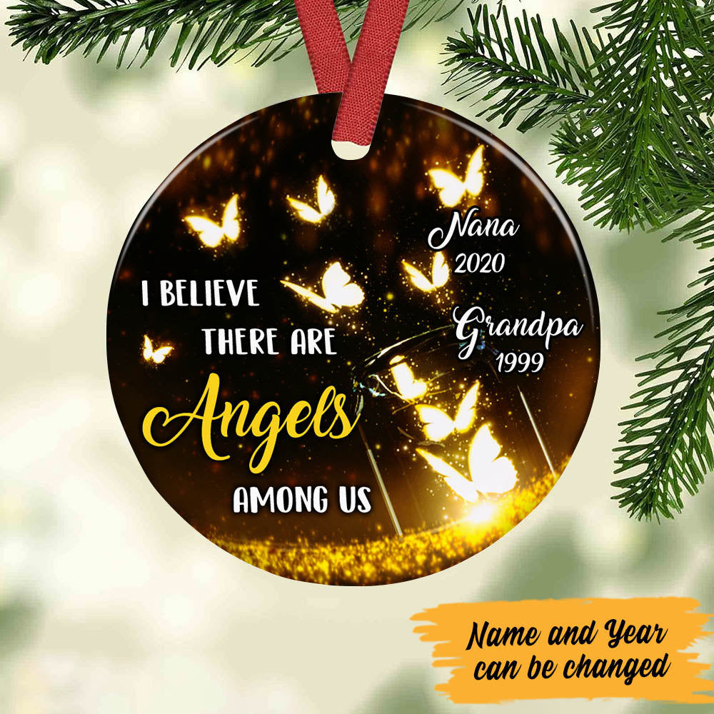 Personalized In Loving Memory Of Personalised Christmas Memorial Bauble, Memorial Nana Grandpa Butterfly Heaven  Circle Ornament