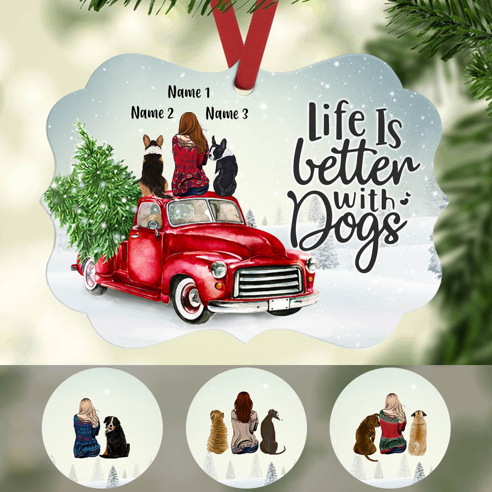 Personalized Dog Name Christmas Gifts, Girl And Dogs On Red Truck Christmas Benelux Ornament