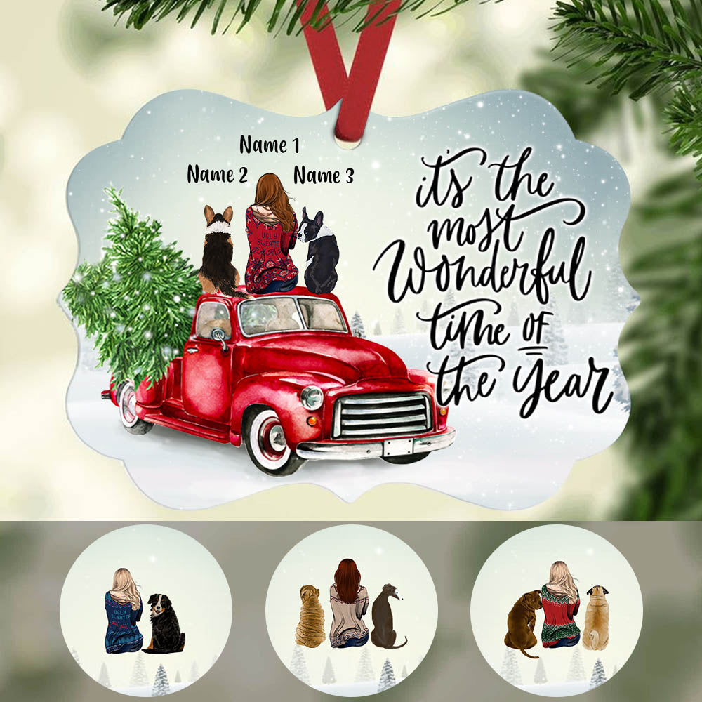 Personalized Dog Mom Christmas Gift, Girl With Dogs Red Truck Christmas Benelux Ornament - Thegiftio UK