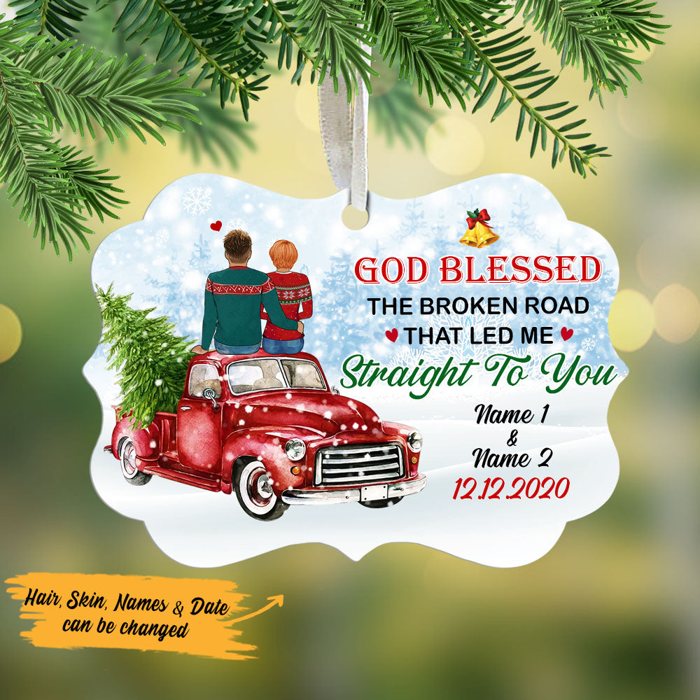 Personalized Christmas Couple Gifts, Red Truck Couple Christmas Benelux Ornament, God Blessed The Broken Road