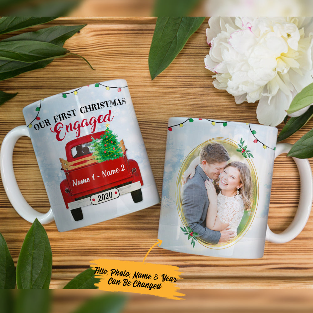 Personalized Our First Christmas Engaged Red Truck  MDF Mug