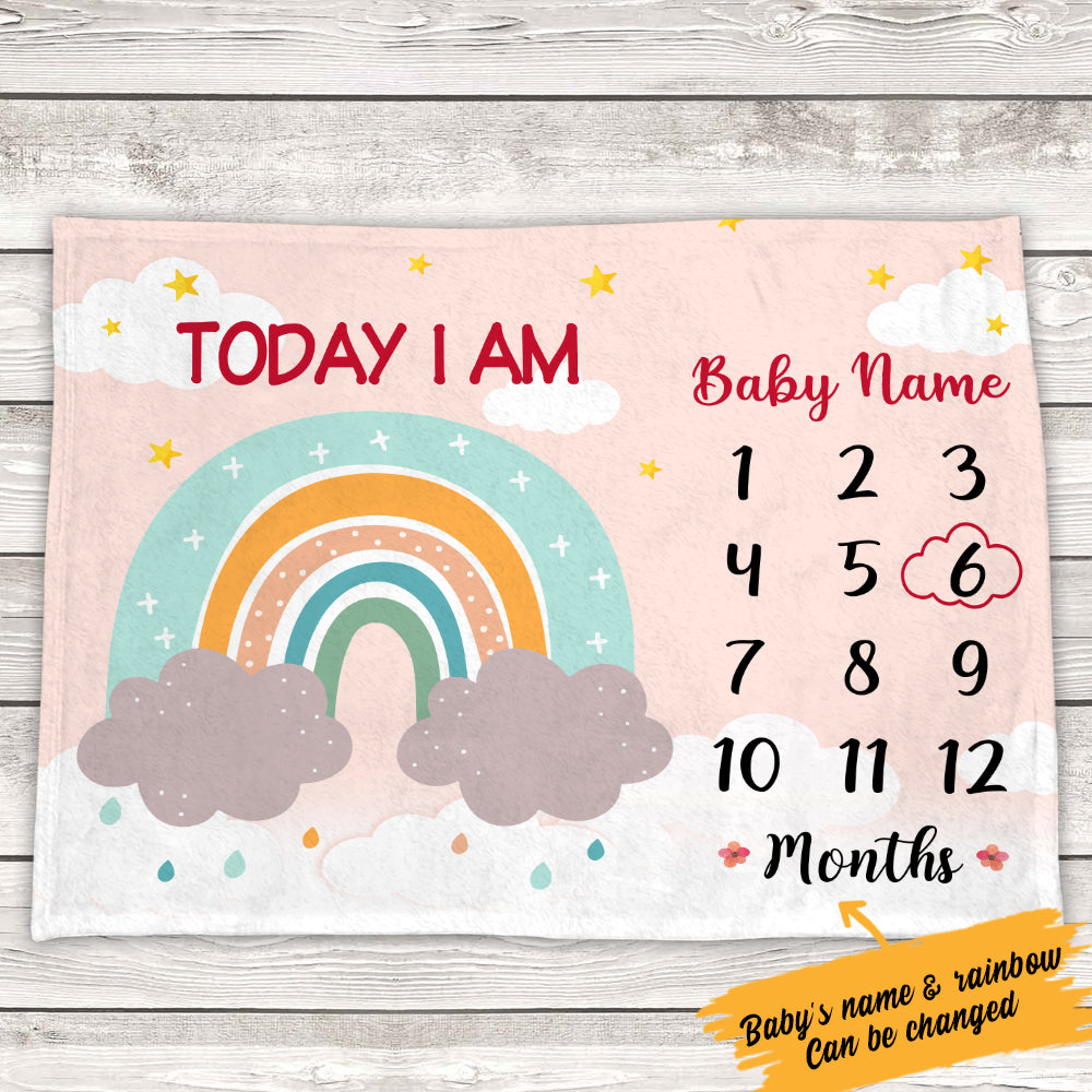 Personalized Pastel Rainbow Baby Girl Milestone Today I Am Blanket