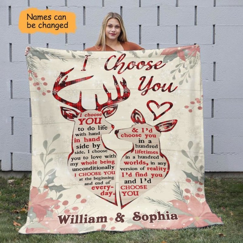 Deer Couple I Choose You Personalized Christmas Blanket For Couple