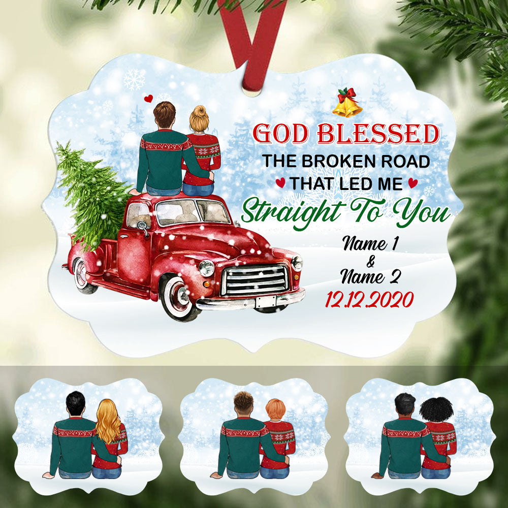 Personalized Christmas Couple Gifts, Red Truck Couple Christmas Benelux Ornament, God Blessed The Broken Road - Thegiftio UK
