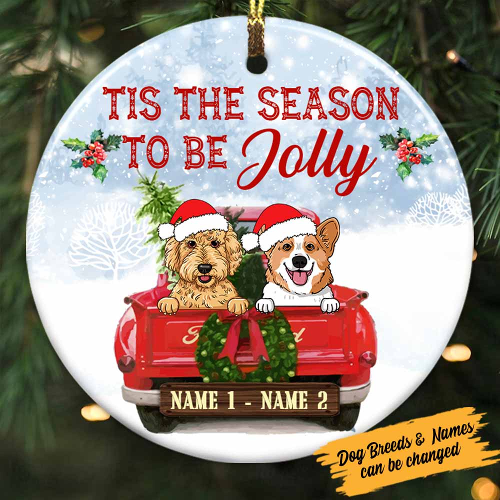 Personalized Dog Red Truck Jolly Christmas Circle Ornament